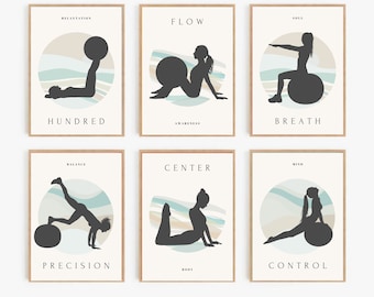 May include: Six printable posters featuring silhouettes of people performing pilates exercises with a stability ball. Each poster showcases a different exercise and a word describing it, such as "Flow", "Breath", "Center", and "Control".