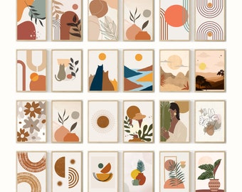 Peut inclure: Ensemble de 18 impressions d'art minimalistes présentant des formes abstraites, des motifs géométriques et des designs inspirés de la nature dans des tons chauds de brun, orange et jaune. Les impressions sont encadrées dans un cadre en bois simple.