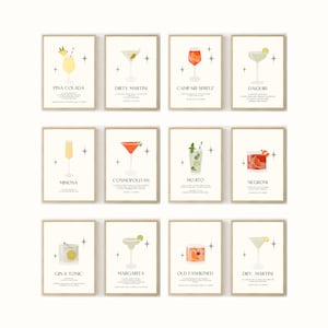 Mega paquete de cócteles, conjunto de 12 impresiones, conjunto de impresión de arte de pared de cócteles de 12, póster de bar, instrucciones de cócteles, decoración de cocina, arte imprimible de cocina