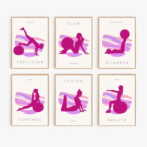 Rosa Pilates Reformer Drucke, 6er-Set Pilates-Wandkunst, Pilates-Pose-Poster, Pilates-Kunstdruck, Pilates-Studio-Dekor, Pilates-Wanddekoration