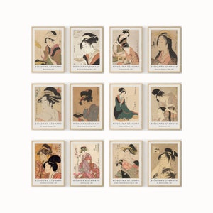 Kitagawa Utamaro Print Set of 12 | Japanese Vintage Gallery Wall Art | Japanese Art Print | Vintage Japan Painting | Japanese Home Decor