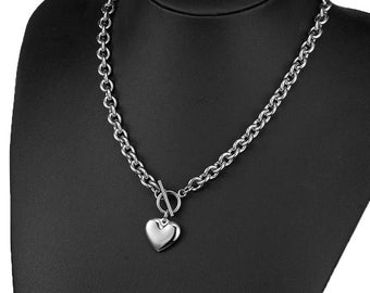Improved Quality! Stainless Steel Heart Charm Toggle Chain 18 Inch Necklace (Silver, Gold and Rose Gold)