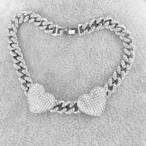 Cuban Anklet, Iced Out Cubic Zirconia Double Heart Charm Cuban Link Chain 8mm 9 Inch Anklet
