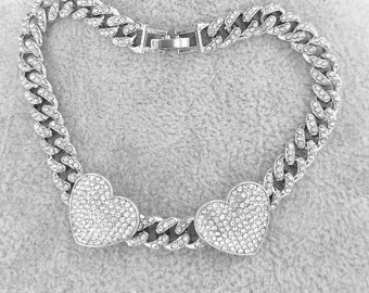 Cuban Anklet, Iced Out Cubic Zirconia Double Heart Charm Cuban Link Chain 8mm 9 Inch Anklet