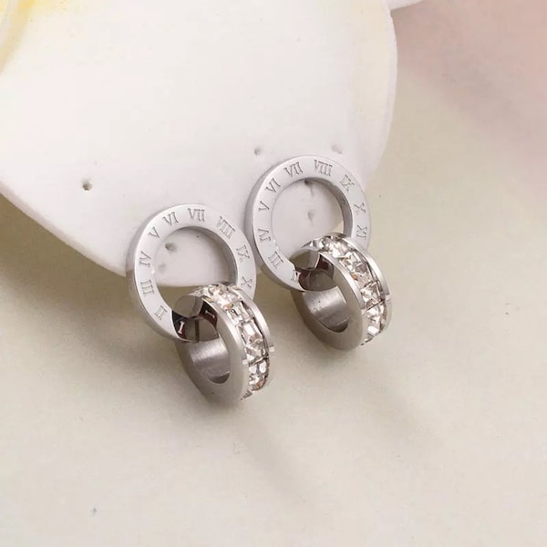 Stainless Steel Roman Numerals 18k Gold Plated Cubic Zirconia Stud Earring