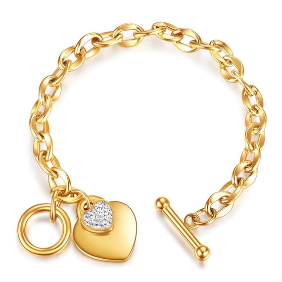 Stainless Steel Heart Charm Toggle Chain 7 Inch Bracelet