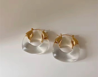 Trendy Transparent Resin Geometric Irregular Brown Acrylic Hoop Earrings, Available in 5 Colors