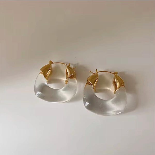 Trendy Transparent Resin Geometric Irregular Brown Acrylic Hoop Earrings, Available in 5 Colors