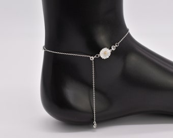 Sterling Silver Daisy Flower with CZ Dangling charm Adjustable Anklet
