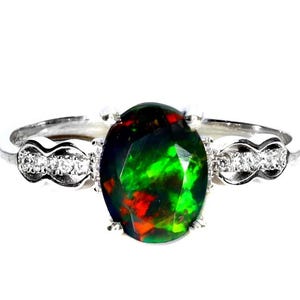 14k Gold Plated Ethiopian Black Opal with Cubic Zirconia 925 Sterling Silver Ring (Size 9)