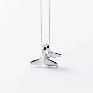 925 Sterling Silver Double Mermaid Whale Tail Pendants with Sterling Silver Box Chain Necklace