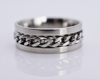 Men's Stainless Steel Spinner Ring with Black, Silver, Gold and Blue Chain