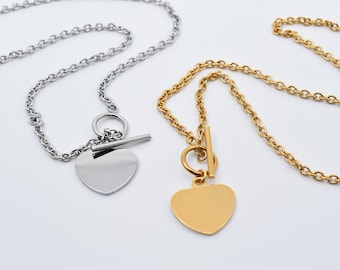 Stainless Steel Heart Charm Toggle Chain Necklace - Available in Silver and Gold