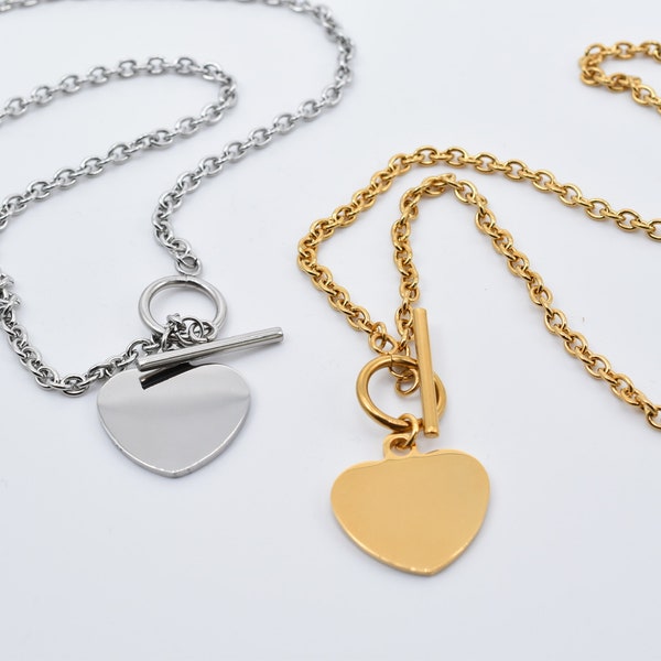 Stainless Steel Heart Charm Toggle Chain Necklace - Available in Silver and Gold