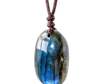 Polished Labradorite Pendant with Brown Cord Necklace