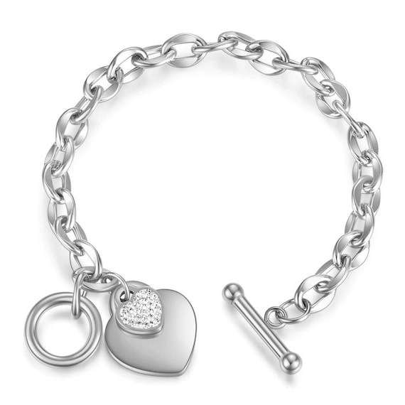 Stainless Steel Heart Charm Toggle Chain 7 Inch Bracelet