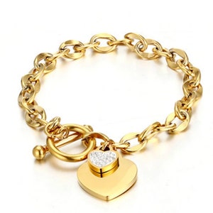 Stainless Steel Heart Charm Toggle Chain 7 Inch Bracelet - Gold, Rose Gold, Silver