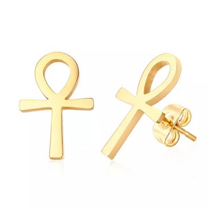Stainless Steel Timeless Egyptian Ankh Cross Stud Earrings - Available in Gold, Silver and Black