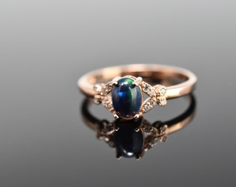 Rare Natural Australian Black Opal Rose Gold Plated Sterling Silver Ring (Available Size 7, 7.5 and 8)