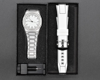 Two Band, Lightweight Waterproof 2D "Sketched Look" Art Watch with Two Bands (White/Black)