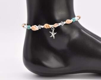 Beautiful Sea Shell Beaded  and Beads with Star Fish Charm Anklet