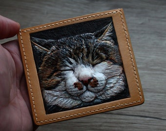 Cat wallet, leather card holder with tooled Cat. Credit card holder. tooled wallet. Personalized Card Holder Best gift.