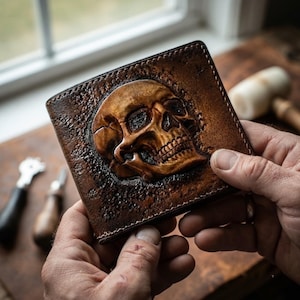 Hand punzierte Leder Totenkopf Geldbörse für Herren, Biker Gothic Motorrad Zubehör