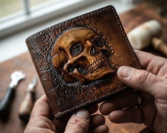 Hand Tooled Leather Skull Wallet for Men, Biker Gothic Motorcycle Accessory