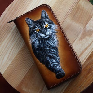 Handgefertigte Katzenleder Geldbörse - Reißverschluss-Brieftasche für Frauen, Geschnitzte Geldbörse Geschenk für Katzenbesitzer Einzigartiges Geschenk für Frauen Schöne Katze Geschnitzte Geldbörse