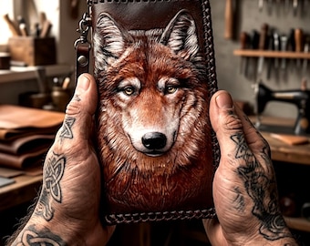 Hand Tooled Leather Wolf, Carved Wilderness Biker Chain Long Wallet