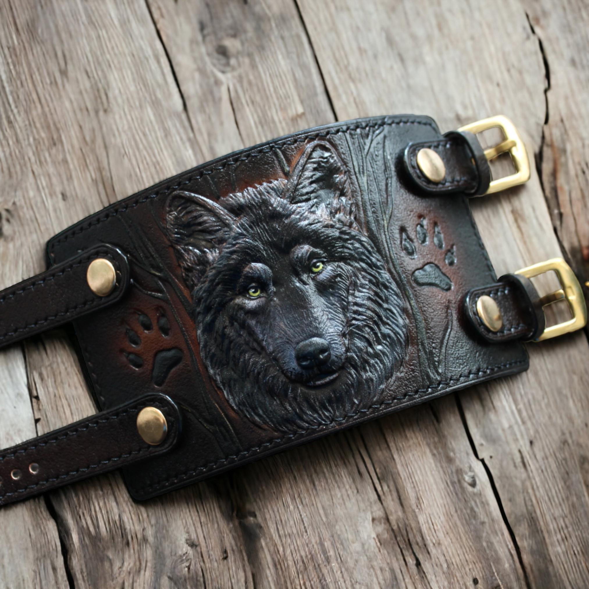 Double Strap Leather Cuff, Wolf Wristband. Black Leather
