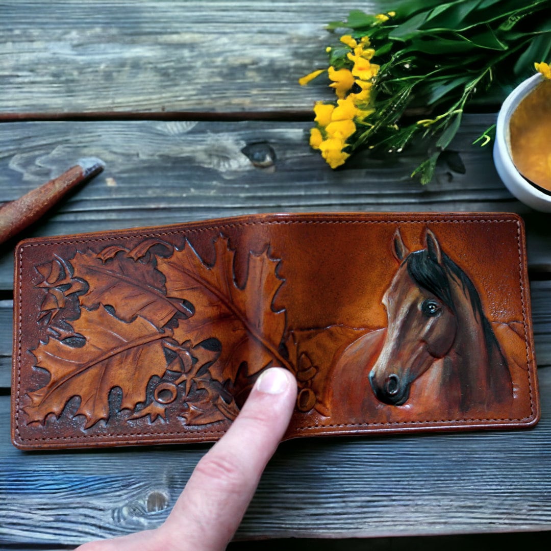 Hand-Tooled Leather Horse Wallet: Carved Cowboy Bifold