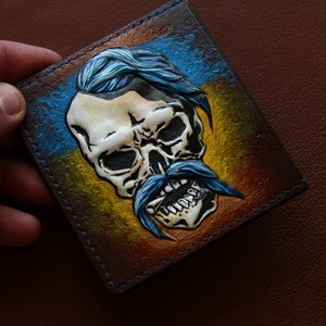 Skull Card Holder Porte-carte en cuir pour homme avec crâne outillé. Portefeuille Skull sculpté à la main Portefeuille Patriot ukrainien Édition limitée