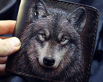 BROWN VEGAN LEATHER CAMO WOLF METAL EMBLEM MENS TRIFOLD ID WALLET WEST WOLF 