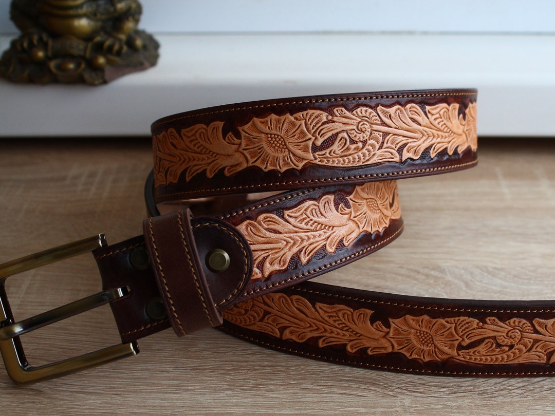 Custom Sheridan Floral Leather Belt: Full Grain Cowhide Western