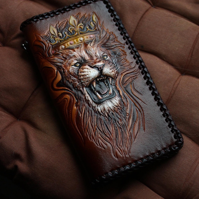 Cartera de león Cartera de cuero Cartera larga para hombre Cartera hecha a mano, cartera tallada, cartera personalizada, regalo para hombre. Cartera de Ucrania. Regalos para novios imagen 4