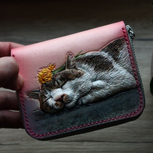 Cartera ucraniana, cartera con cremallera para mujer hecha a mano con relieve de gato, cartera tallada, cartera hecha a mano, cartera para dama, cartera personalizada, regalo para mujer