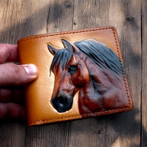 Carteira de couro, carteira de cavalo, carteira de couro feita à mão, carteira esculpida à mão, carteira esculpida, carteira de cowboy, carteira personalizada, ideia de presente.