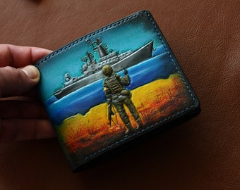 Cartera de cuero Sello postal de Ucrania buque de guerra vete a la mierda. Sello postal del buque de guerra Moskva. Cartera Patriota Ucraniana Edición limitada