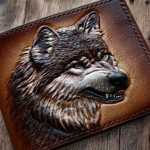 Wolf Wallet Mens bi-fold wallet. Hand-tooled leather wallet hand-carved wallet Handcrafted Wallet Hand-Tooled Wallet Gifts for men. Ukraine
