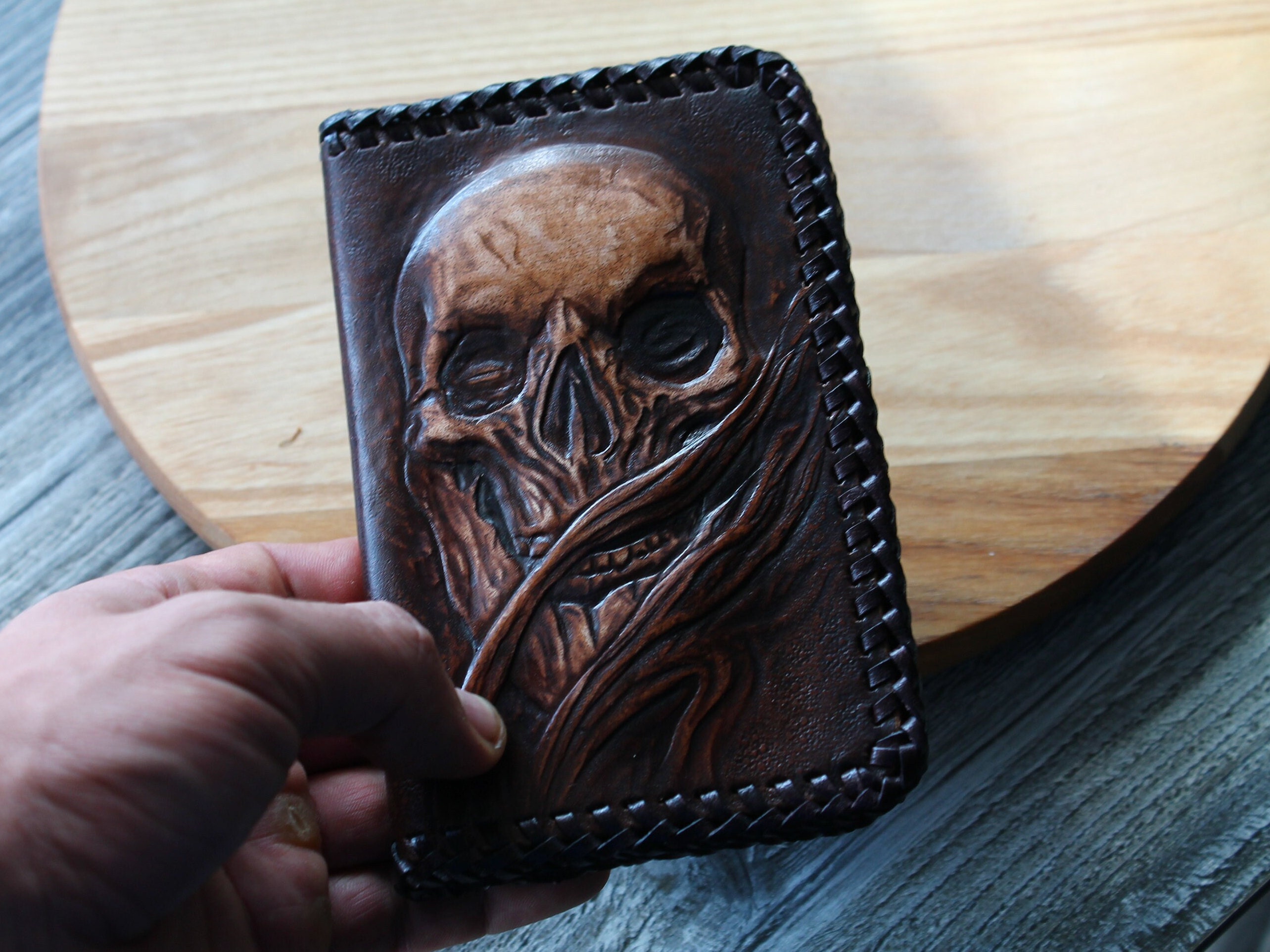 Melting Skull, Zombie, Skeleton, Men's 3D Genuine Leather Wallet, Hand-Carved, Hand-Painted, Leather Carving, Custom Wallet, Personalized Wallet