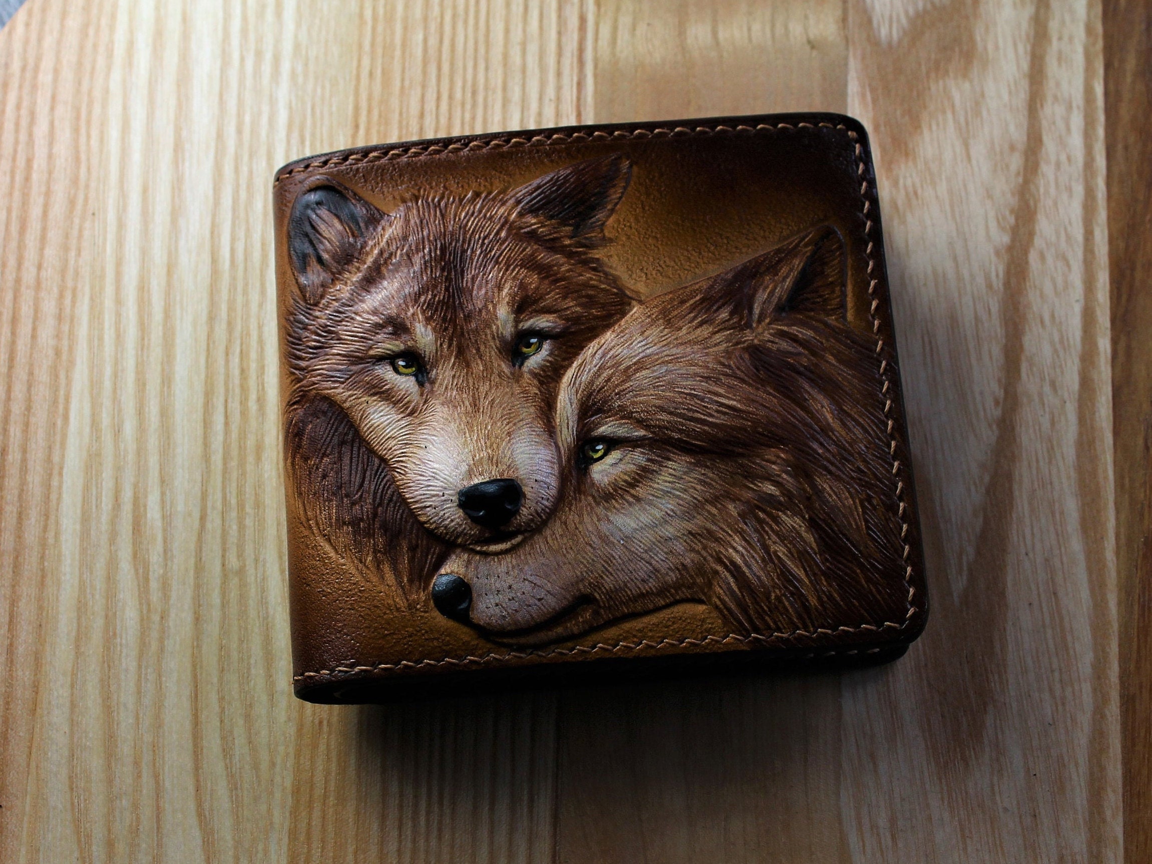 Wolf wallet. Leather women coin purse with hand painted custom art