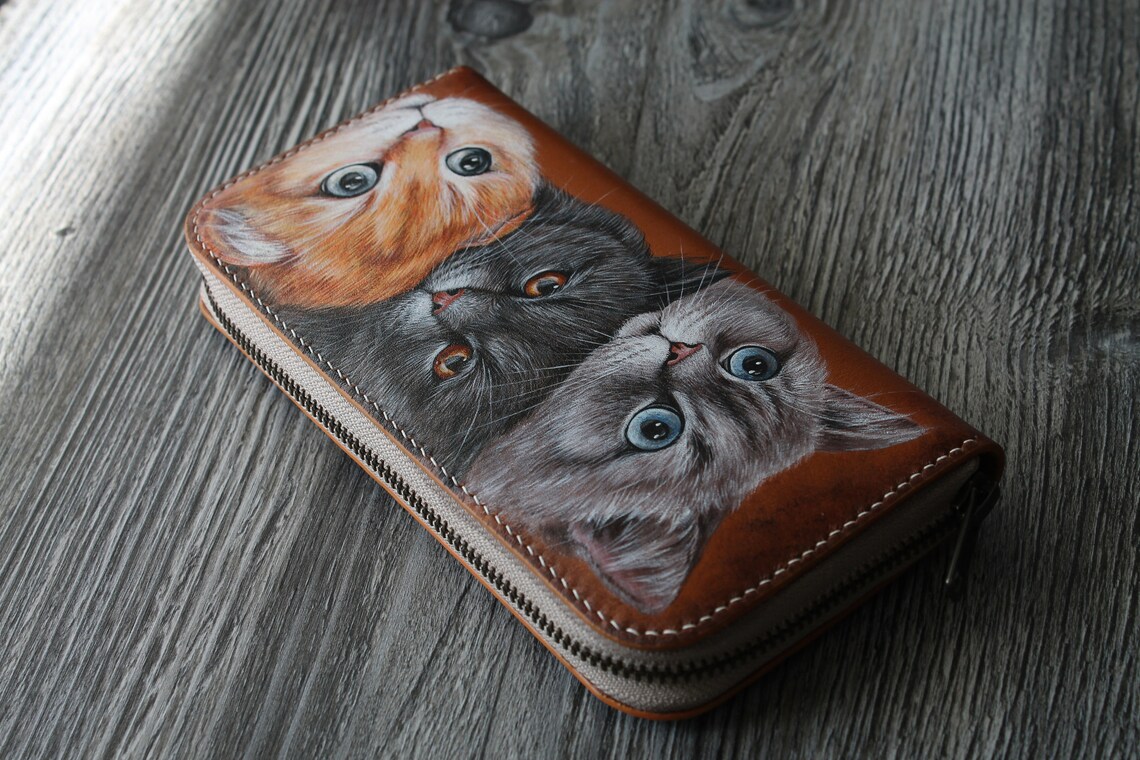 Pet portrait long leather wallet. Cat wallet. Custom cat Etsy