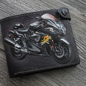 Hand-tooled leather biker wallet, Motorbike wallet biker wallet, tooled wallet, carved wallet, custom wallet, mens gift, men&#39;s wallet Suzuki