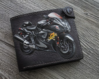 Hand-tooled leather biker wallet, Motorbike wallet biker wallet, tooled wallet, carved wallet, custom wallet, mens gift, men's wallet Suzuki