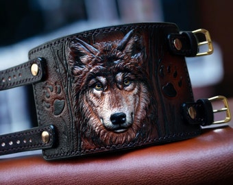 Black Leather Bracelet, Double Strap Leather Cuff, Wolf Wristband. Leather Wristband Tooled leather Wristband. Black Bracelet Wolf