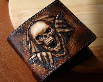 Leather Bifold Skull Wallet. Biker Wallet. Hand-Carved Skeleton wallet, Mens wallet, Carved Custom wallet, Mens gift.