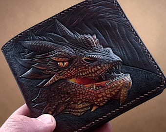 Cartera de piel con dragón en relieve, cartera plegable de fantasía, regalo personalizado