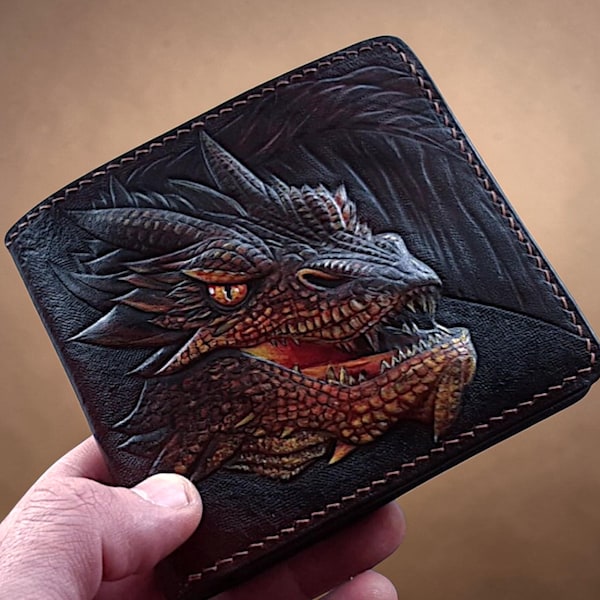 Embossed Dragon Leather Wallet, Fantasy Bifold Wallet, Personalized Gift