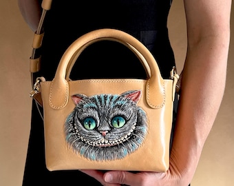 Handmade Leather Bag Alice in Wonderland – Cheshire Cat & Alice Hand Tooled and Painted Purse